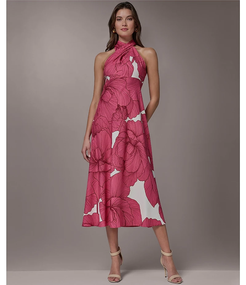 Donna Karan Sleeveless Halter Neck Floral A-Line Midi Dress
