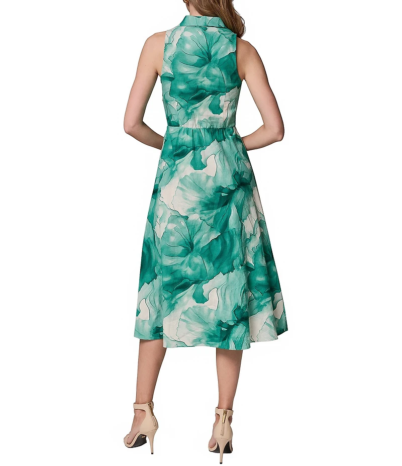 Donna Karan Sleeveless Linen Floral Midi Shirt Dress