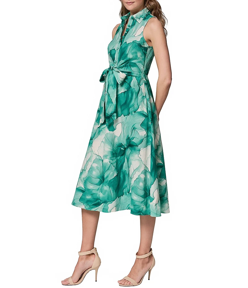 Donna Karan Sleeveless Linen Floral Midi Shirt Dress