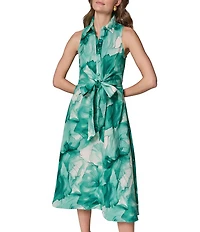 Donna Karan Sleeveless Linen Floral Midi Shirt Dress