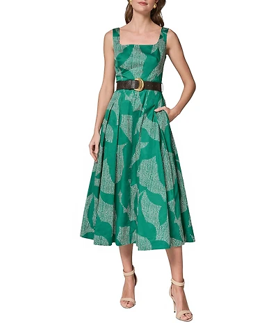 Donna Karan Sleeveless Square Neck Belted Midi Dress