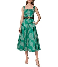 Donna Karan Sleeveless Square Neck Belted Midi Dress