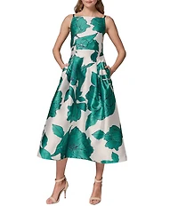 Donna Karan Sleeveless Square Neck Floral Mikado Fit & Flare Midi Dress