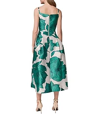 Donna Karan Sleeveless Square Neck Floral Mikado Fit & Flare Midi Dress