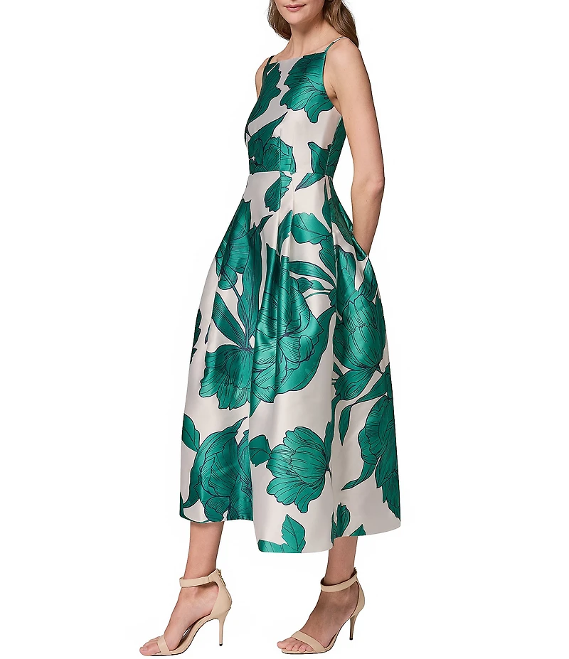 Donna Karan Sleeveless Square Neck Floral Mikado Fit & Flare Midi Dress