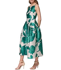 Donna Karan Sleeveless Square Neck Floral Mikado Fit & Flare Midi Dress