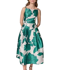 Donna Karan Sleeveless Square Neck Floral Mikado Fit & Flare Midi Dress