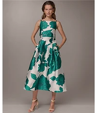 Donna Karan Sleeveless Square Neck Floral Mikado Fit & Flare Midi Dress