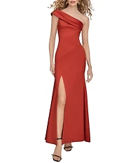 Donna Karan Solid Stretch Mikado Fold Over One Shoulder Neck Sleeveless Gown