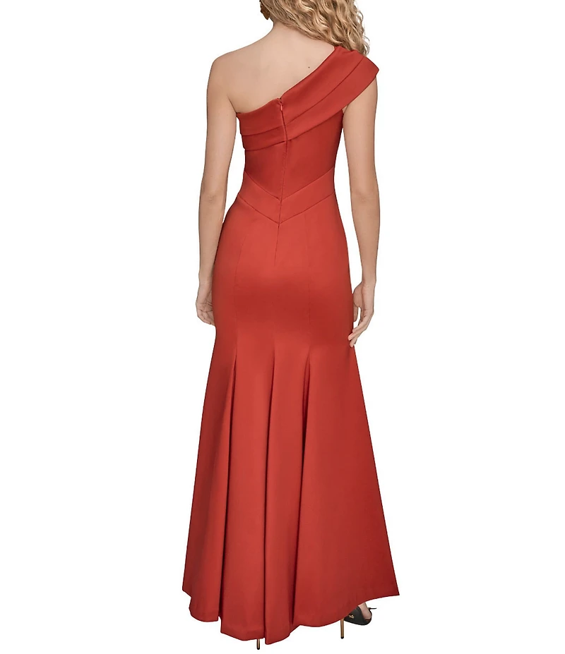 Donna Karan Solid Stretch Mikado Fold Over One Shoulder Neck Sleeveless Gown
