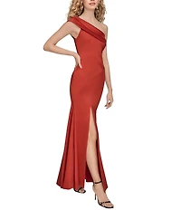 Donna Karan Solid Stretch Mikado Fold Over One Shoulder Neck Sleeveless Gown