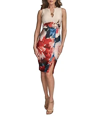 Donna Karan Split V-Neck Floral Print Sheath Dress