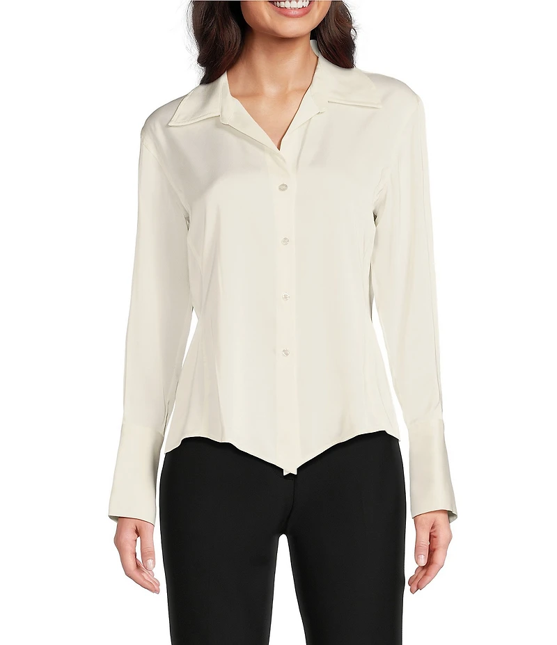 Donna Karan Spread Collar Long Sleeve Pointed Hem Button Down Blouse