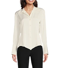 Donna Karan Spread Collar Long Sleeve Pointed Hem Button Down Blouse
