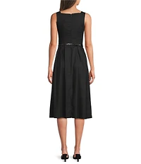 Donna Karan Square Neck Sleeveless A-Line Belted Midi Dress