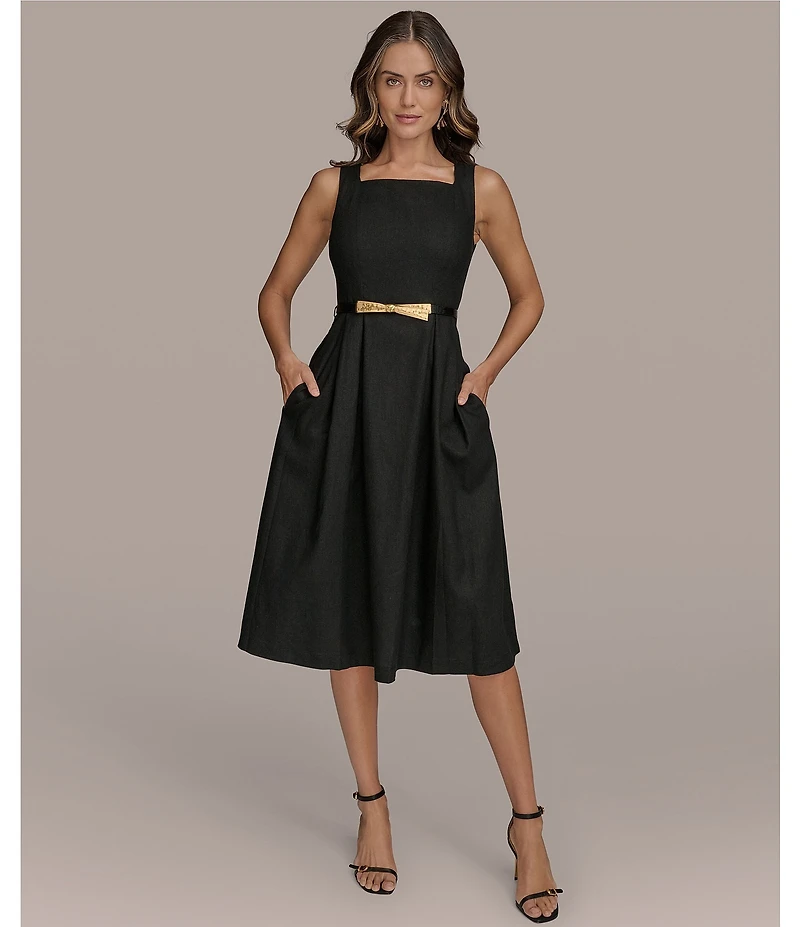 Donna Karan Square Neck Sleeveless A-Line Belted Midi Dress