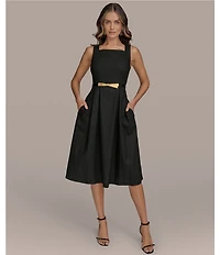 Donna Karan Square Neck Sleeveless A-Line Belted Midi Dress
