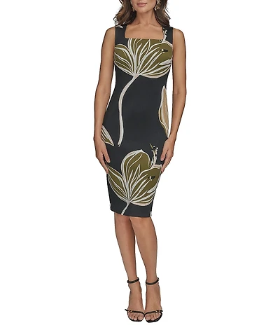 Donna Karan Square Neck Sleeveless Floral Print Sheath Dress
