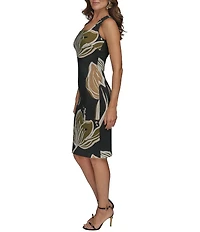 Donna Karan Square Neck Sleeveless Floral Print Sheath Dress
