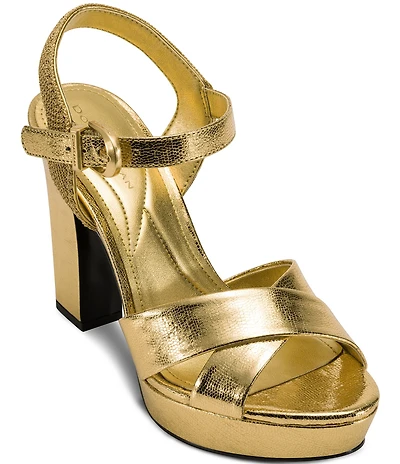 Donna Karan Stefania Metallic Lizard Embossed Platform Block Heel Sandals