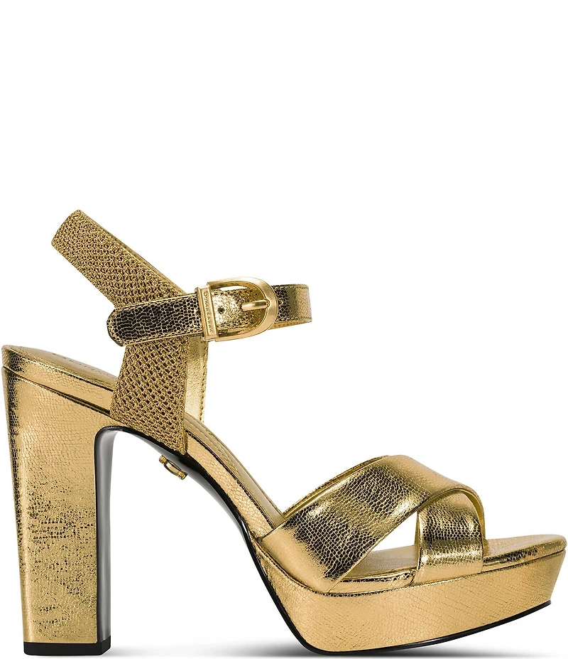 Donna Karan Stefania Metallic Lizard Embossed Platform Block Heel Sandals