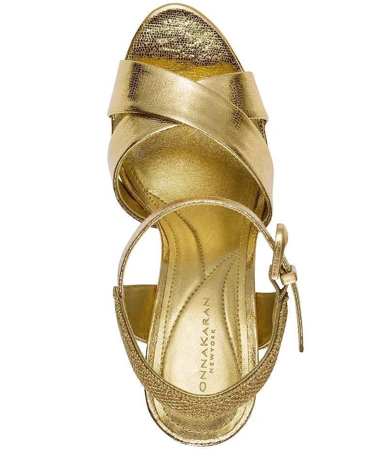 Donna Karan Stefania Metallic Lizard Embossed Platform Block Heel Sandals