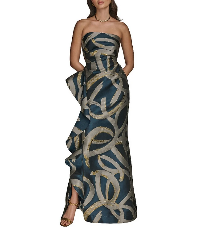 donna karan strapless fit and flare dress Donna Karan Women's Floral-Jacquard Strapless Midi Gown in Cielo Multi main image 1