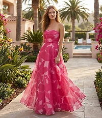 Donna Karan Strapless Floral Print Organza A-Line Gown