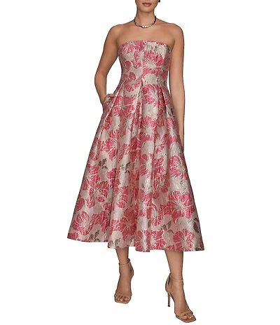Donna Karan Strapless Jaquard Floral Print A-Line Midi Dress
