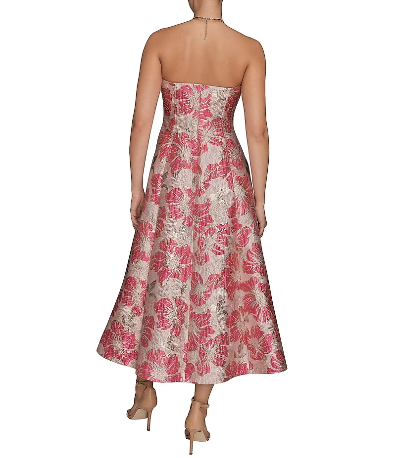 Donna Karan Strapless Jaquard Floral Print A-Line Midi Dress