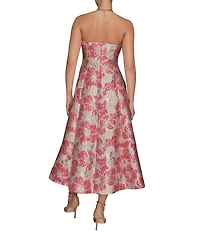 Donna Karan Strapless Jaquard Floral Print A-Line Midi Dress