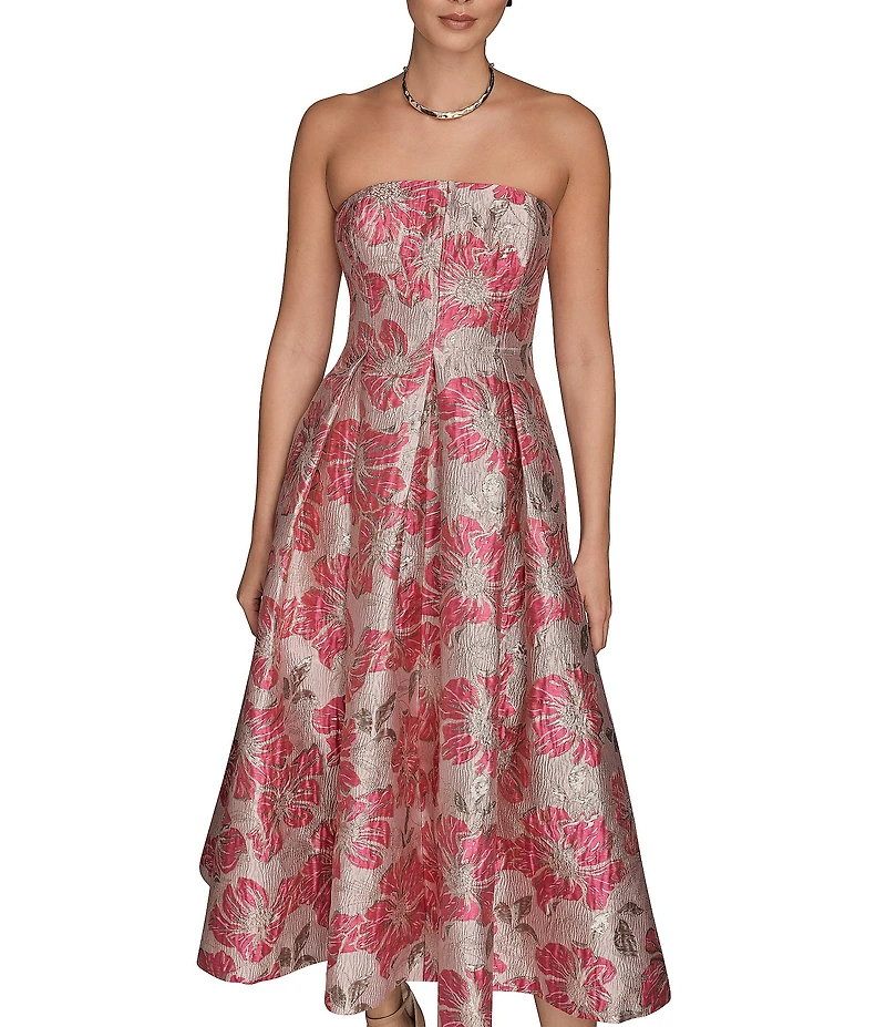 Donna Karan Strapless Jaquard Floral Print A-Line Midi Dress