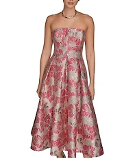 Donna Karan Strapless Jaquard Floral Print A-Line Midi Dress