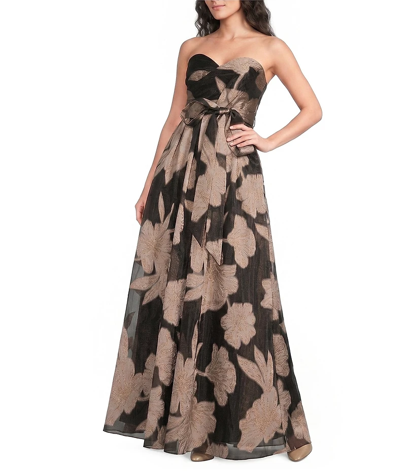 Donna Karan Strapless Sweetheart Neck Floral Print Organza Gown