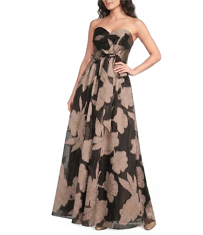 Donna Karan Strapless Sweetheart Neck Floral Print Organza Gown
