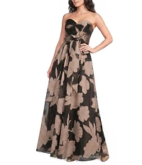 Donna Karan Strapless Sweetheart Neck Floral Print Organza Gown
