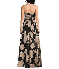 Donna Karan Strapless Sweetheart Neck Floral Print Organza Gown