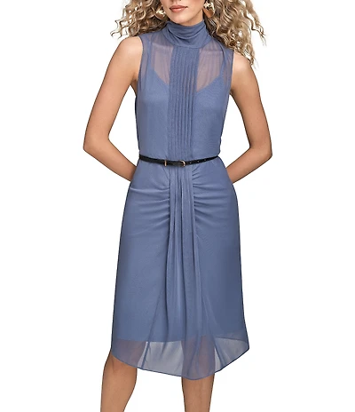 Donna Karan Stretch Chiffon Mock Neck Sleeveless Center Pleat Belted Dress
