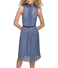 Donna Karan Stretch Chiffon Mock Neck Sleeveless Center Pleat Belted Dress