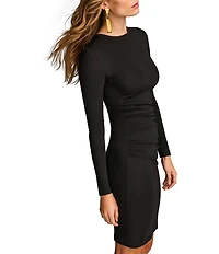 Donna Karan Stretch Crepe Crew Neck Long Sleeve Ruched Bodycon Dress