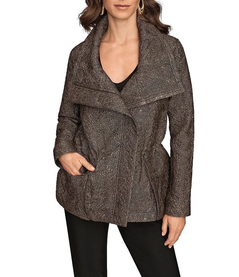 Donna Karan Stretch Herringbone Jacquard Envelope Collar Zip Front Jacket