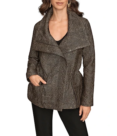 Donna Karan Stretch Herringbone Jacquard Envelope Collar Zip Front Jacket