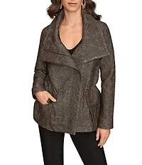 Donna Karan Stretch Herringbone Jacquard Envelope Collar Zip Front Jacket