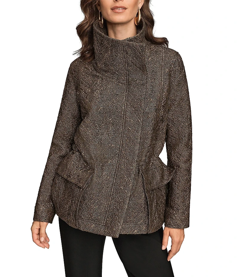 Donna Karan Stretch Herringbone Jacquard Envelope Collar Zip Front Jacket