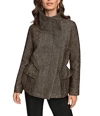 Donna Karan Stretch Herringbone Jacquard Envelope Collar Zip Front Jacket
