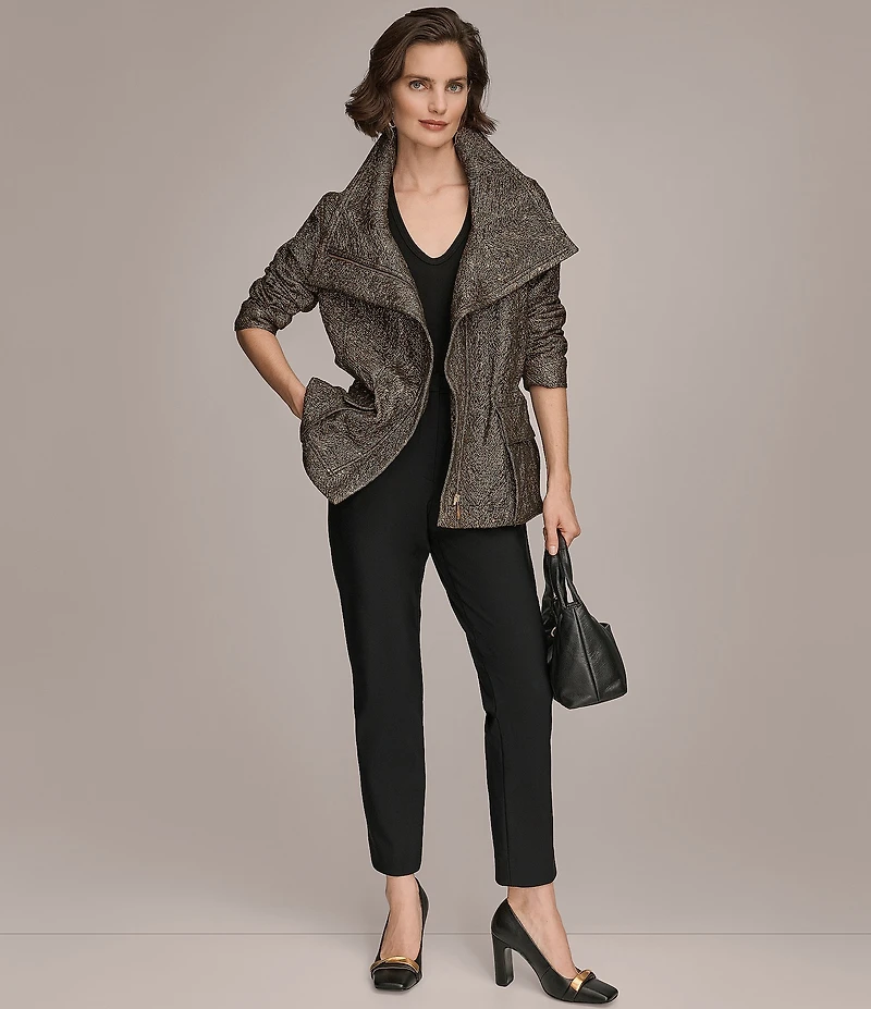 Donna Karan Stretch Herringbone Jacquard Envelope Collar Zip Front Jacket