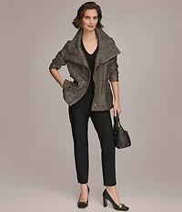 Donna Karan Stretch Herringbone Jacquard Envelope Collar Zip Front Jacket