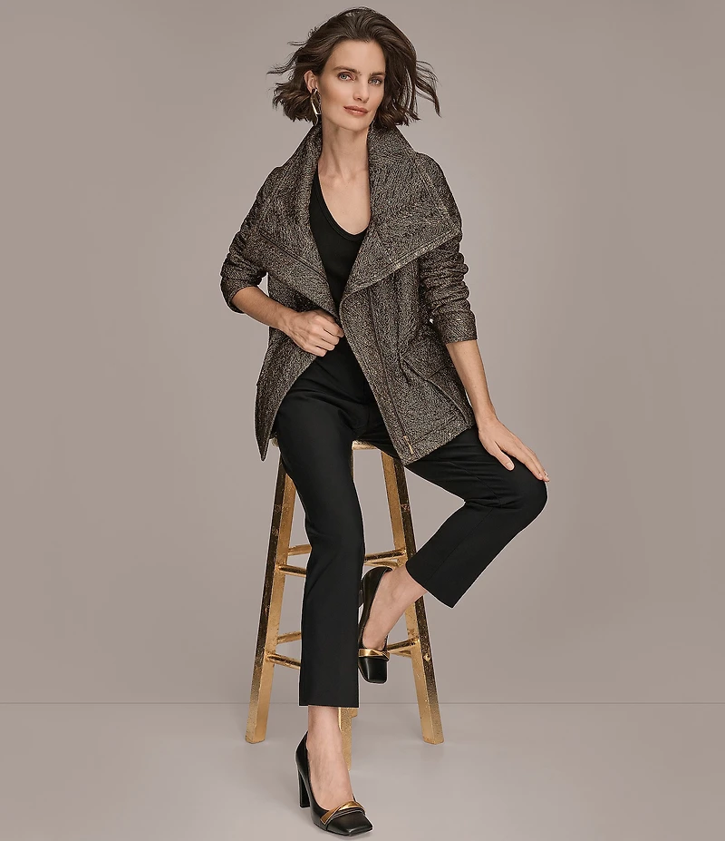 Donna Karan Stretch Herringbone Jacquard Envelope Collar Zip Front Jacket