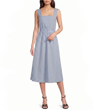 Donna Karan Stripe Cotton Poplin Square Neck Sleeveless Cutout Back Smocked A-Line Midi Dress