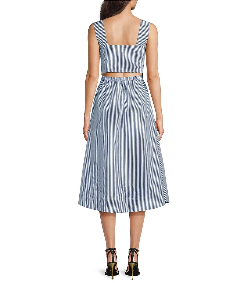 Donna Karan Stripe Cotton Poplin Square Neck Sleeveless Cutout Back Smocked A-Line Midi Dress